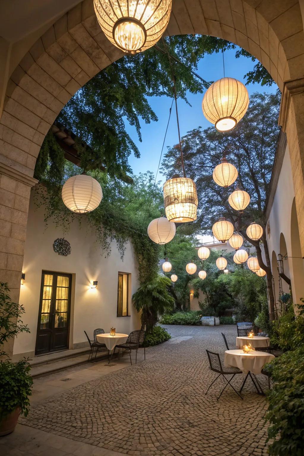 Hanging lamps craft a whimsical shine in the patio.