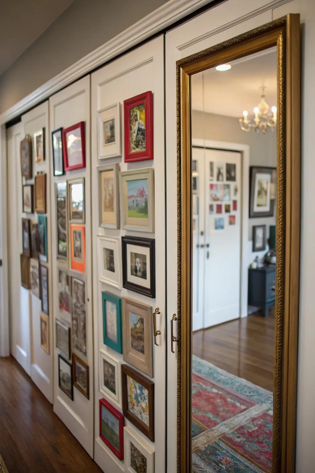 A gallery wall effect personalizes mirrored panels splendidly.