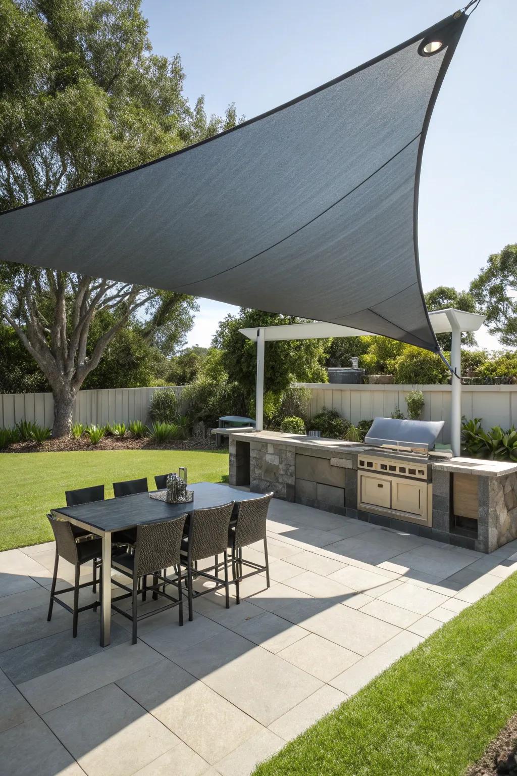A simple shade material presenting stylish cover for a grilling zone.