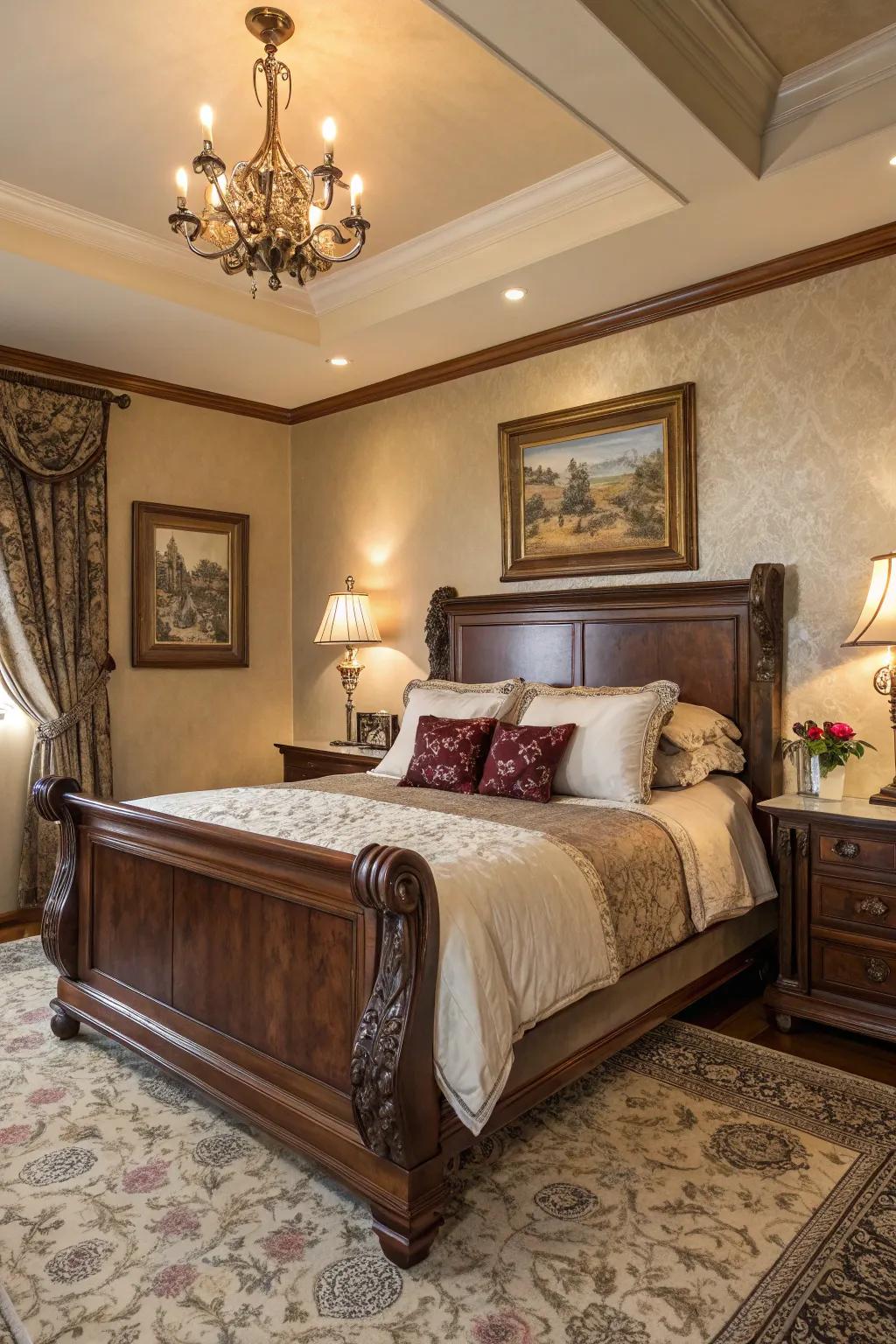 An exquisite bedroom featuring a classic mahogany bed structure.