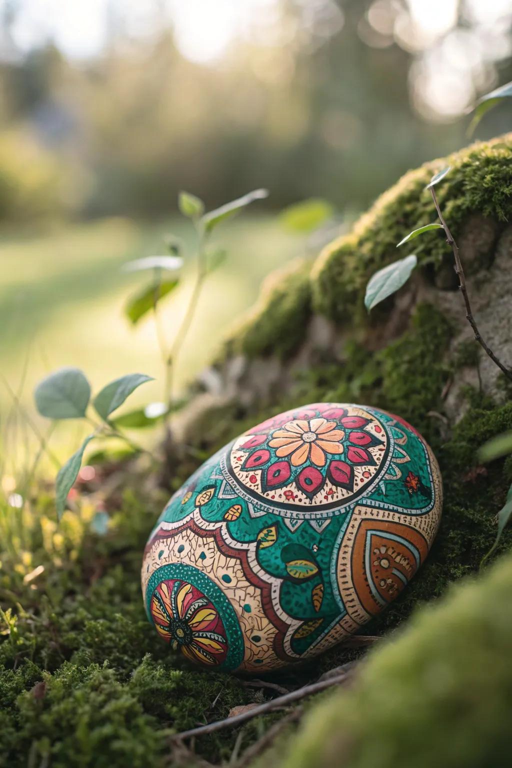 Transform your garden into a canvas showcasing beautifully decorated boulders, incorporating a hint of personalized charm and vibrant color.