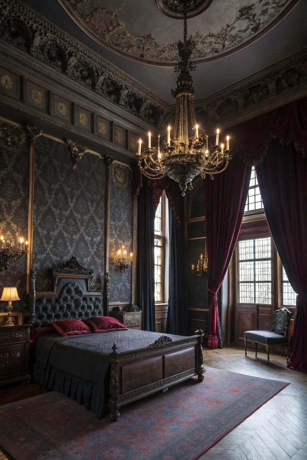 A gothic-inspired bedroom with rich fabrics and dramatic elements.