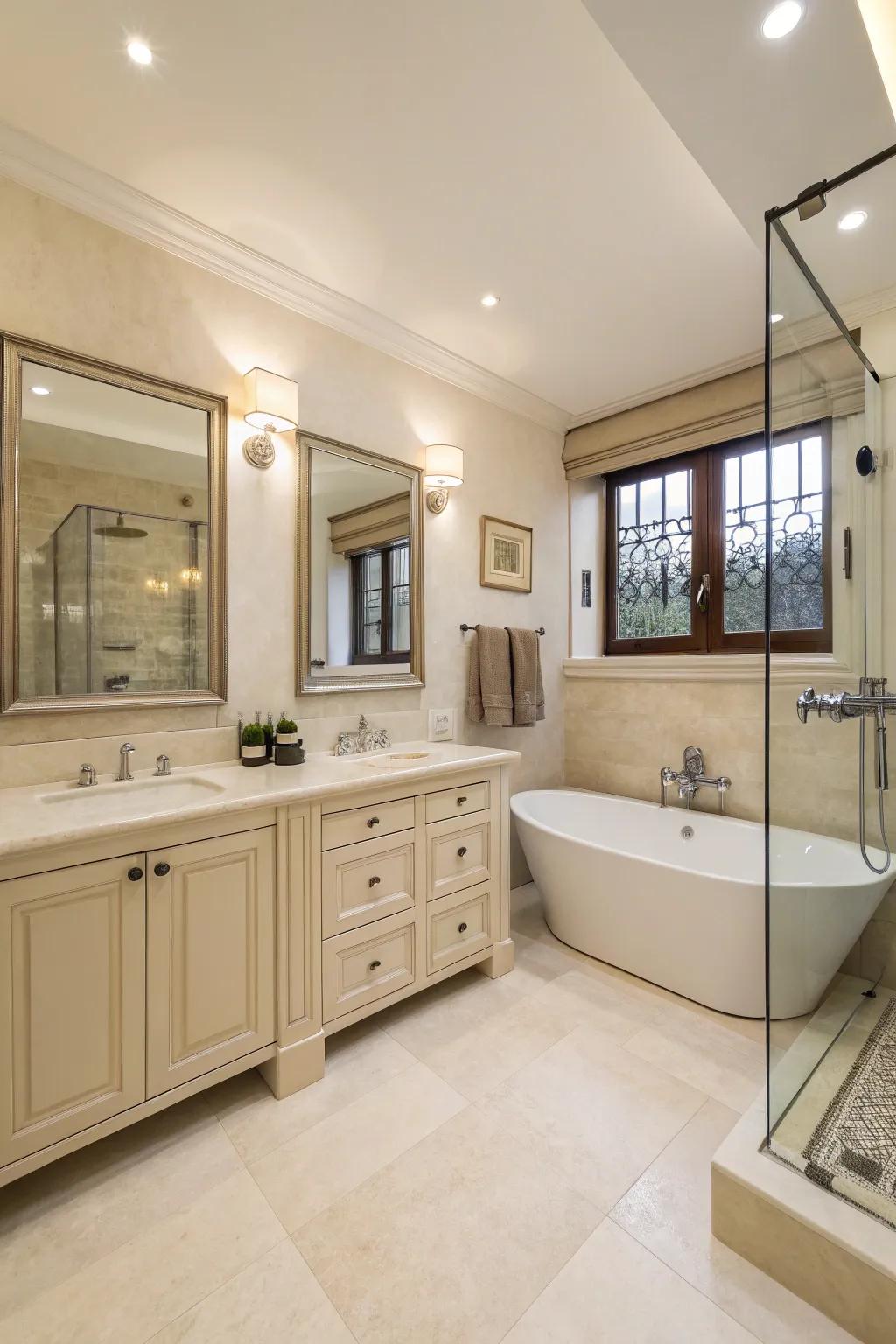 A functional design enhances comfort in this cream bathroom.