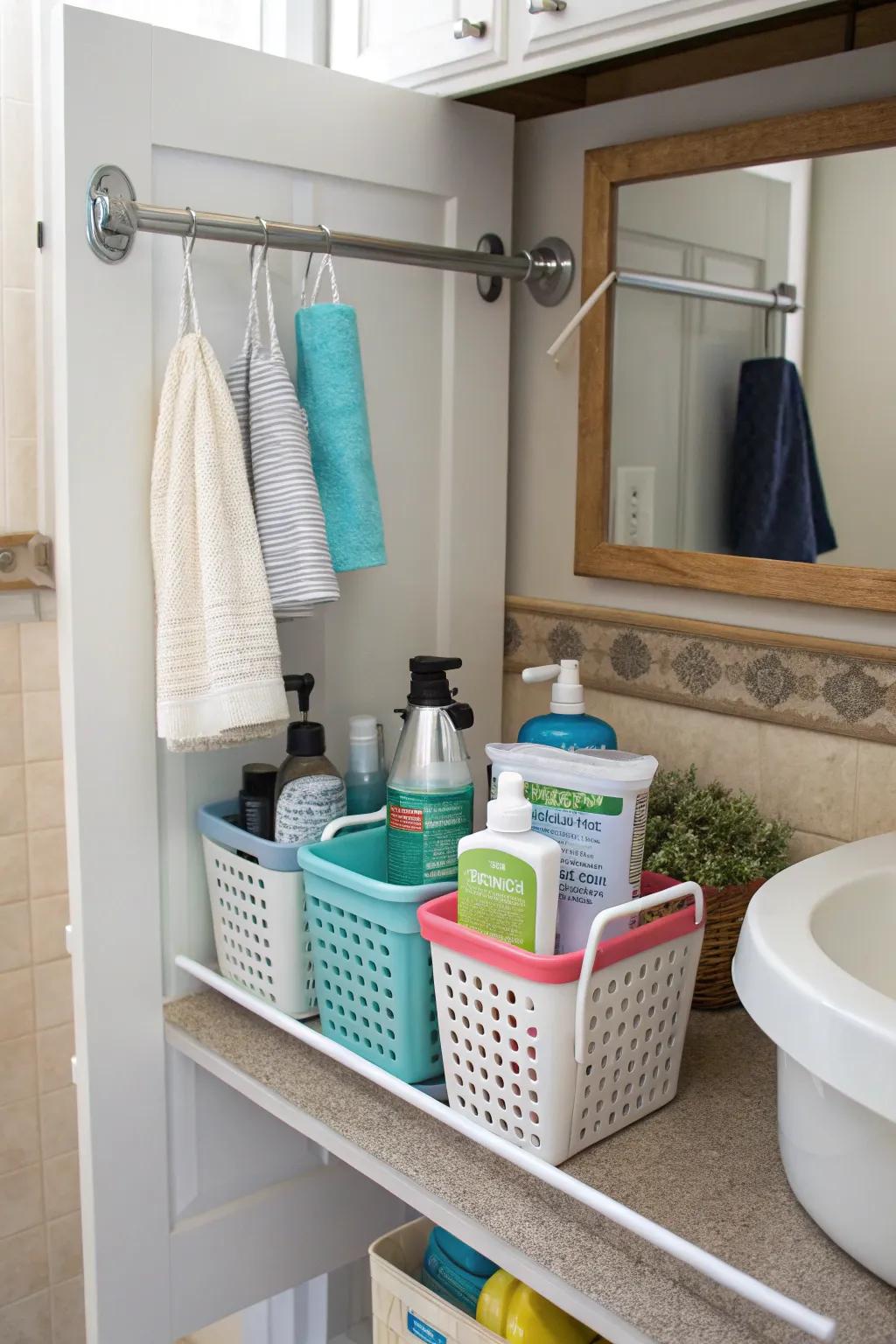 Spring rods offer hanging storage in spaces often overlooked.