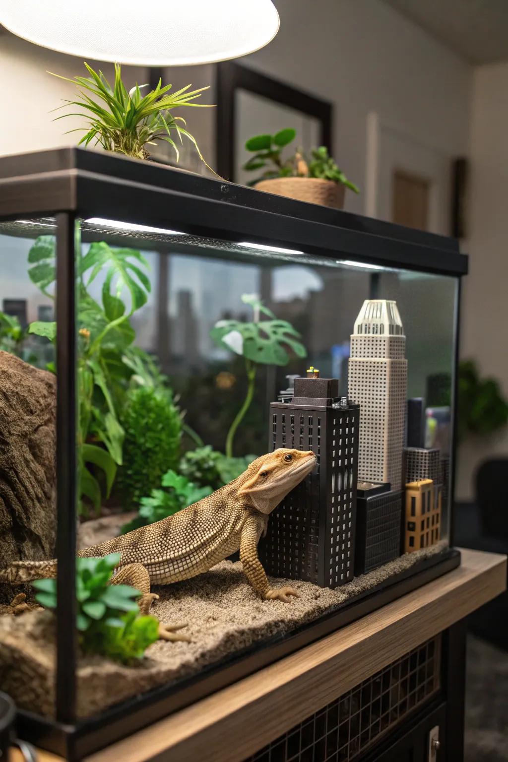An urban jungle-themed habitat blending city and nature elements.