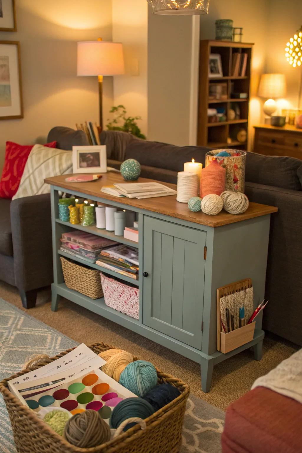 A creative corner setup on a sideboard for artistic pursuits.