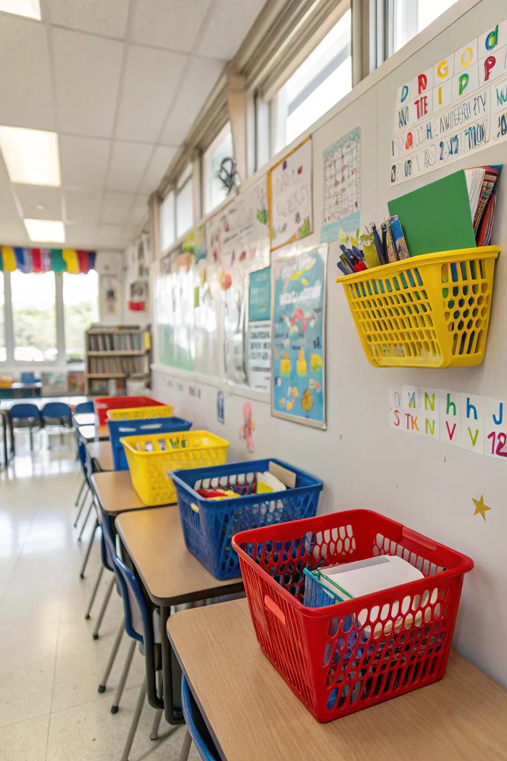 Wall-mounted baskets maximize classroom space.