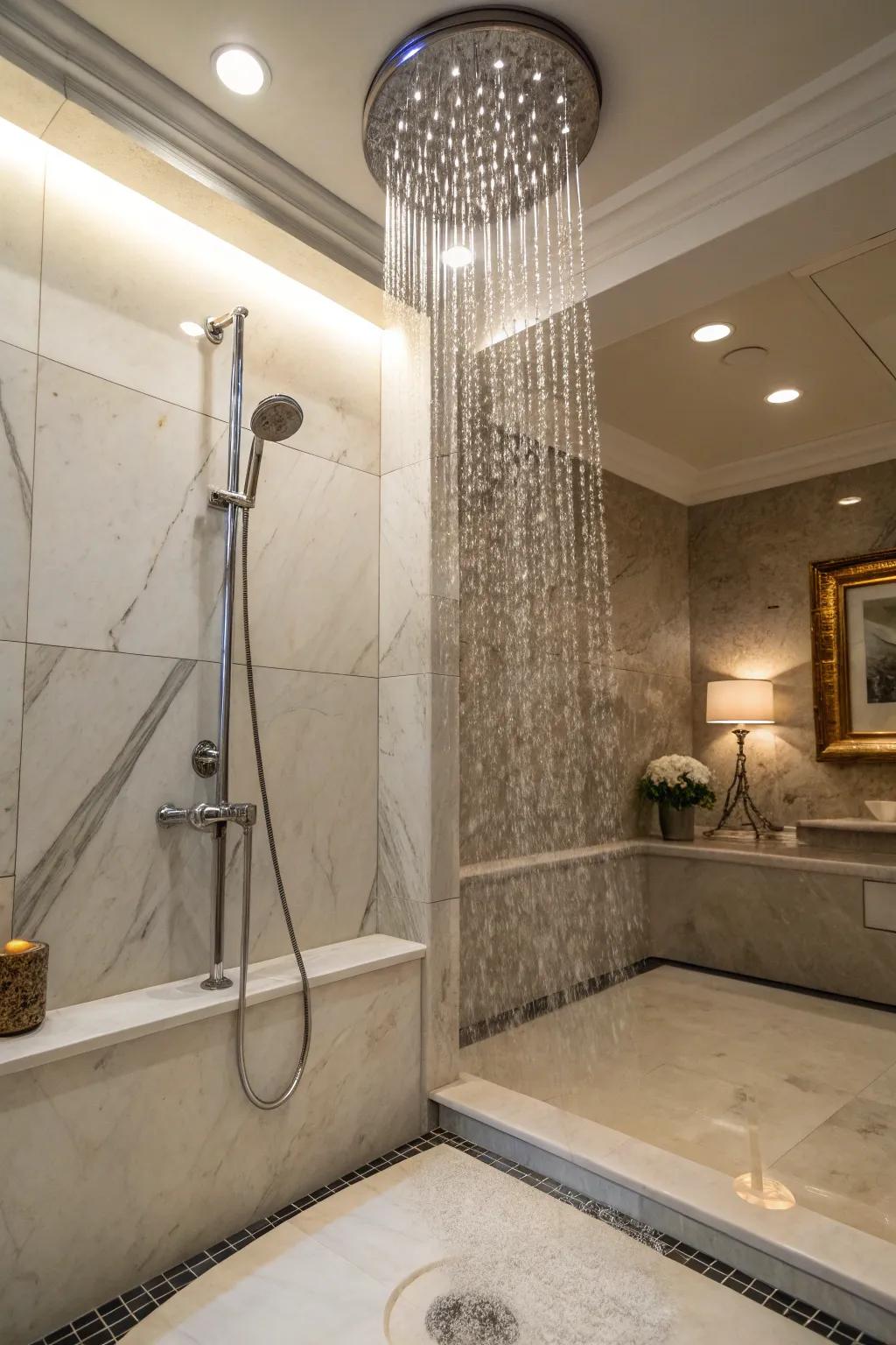 A rainfall showerhead complements the sophistication of manufactured stone showers.