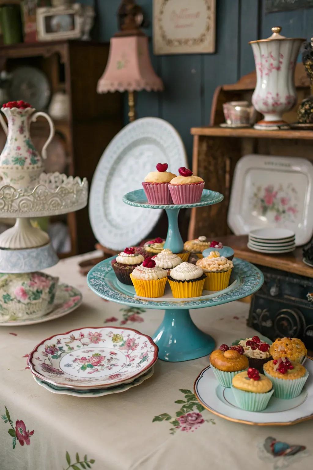 Vintage accents give this cupcake display a nostalgic appeal.