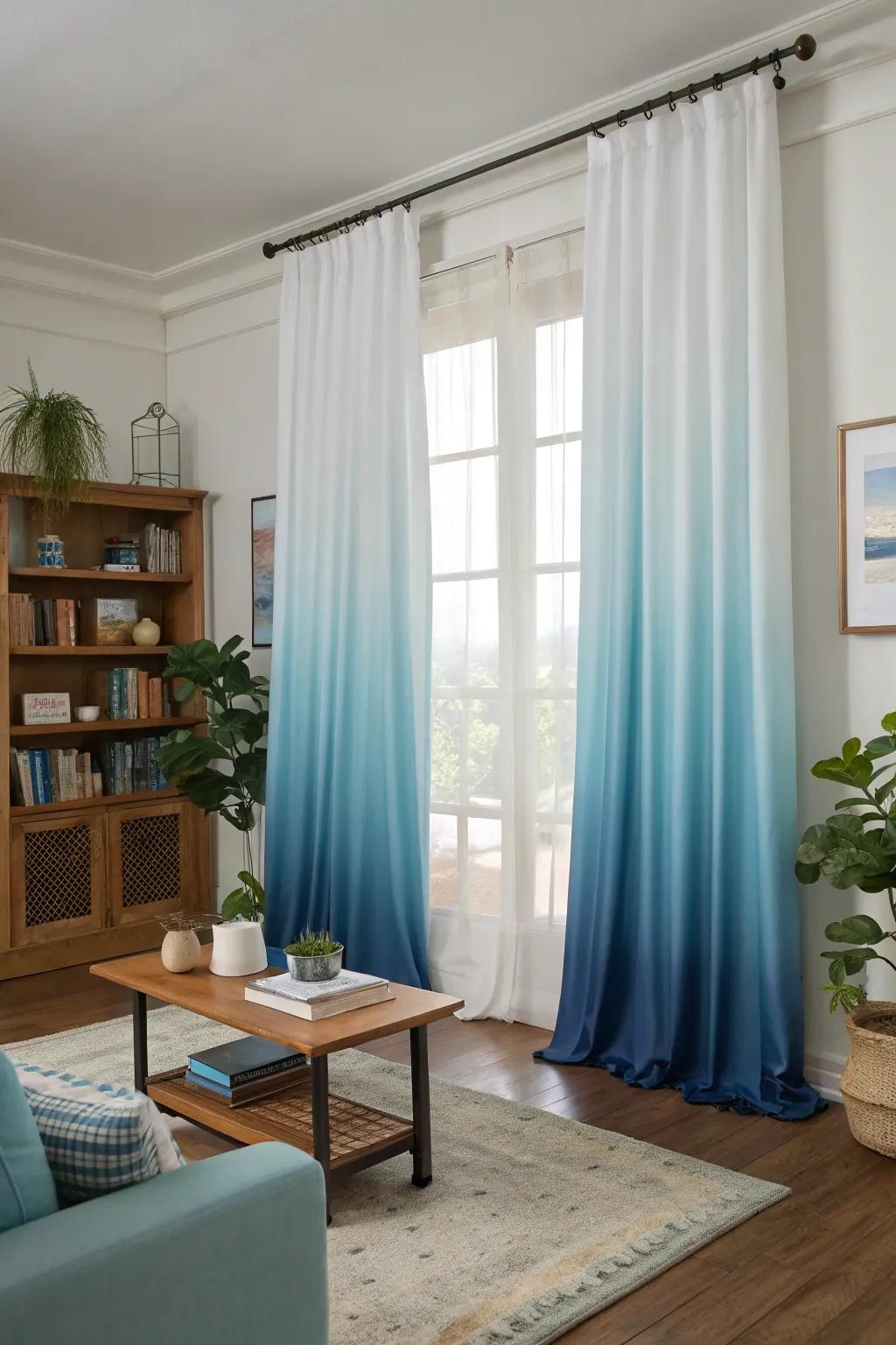 Gradual color change curtains offer a creative touch.