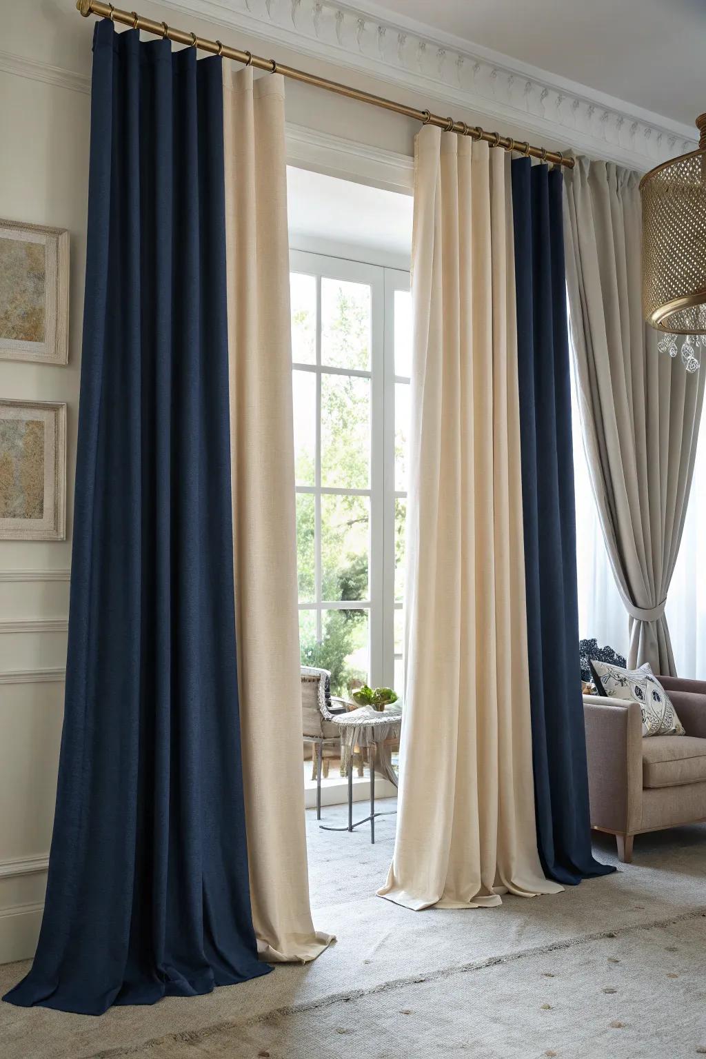 Two-tone drapes add a sophisticated touch with contrasting shades.