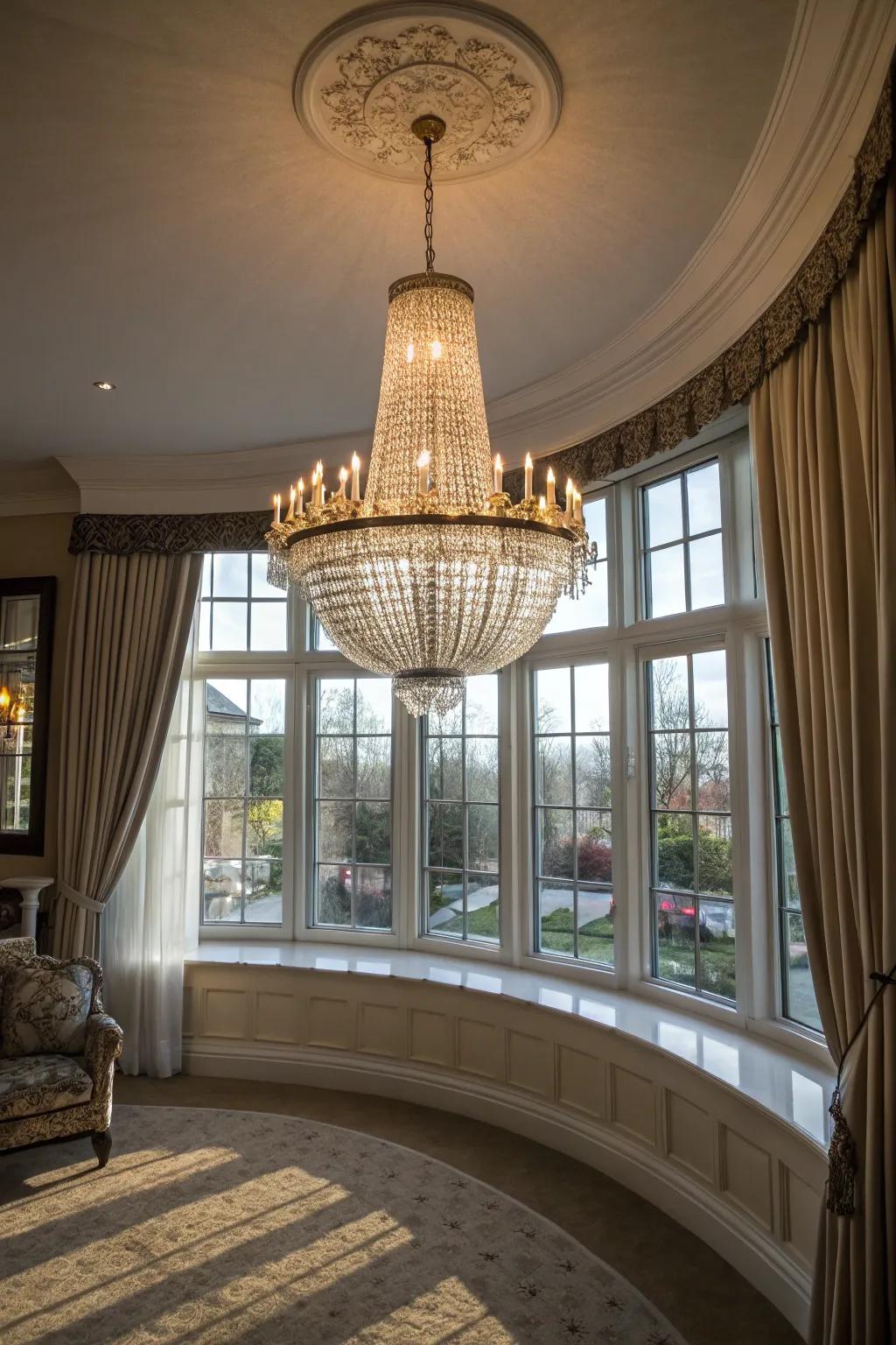 A glamorous statement chandelier above a curved bay window.