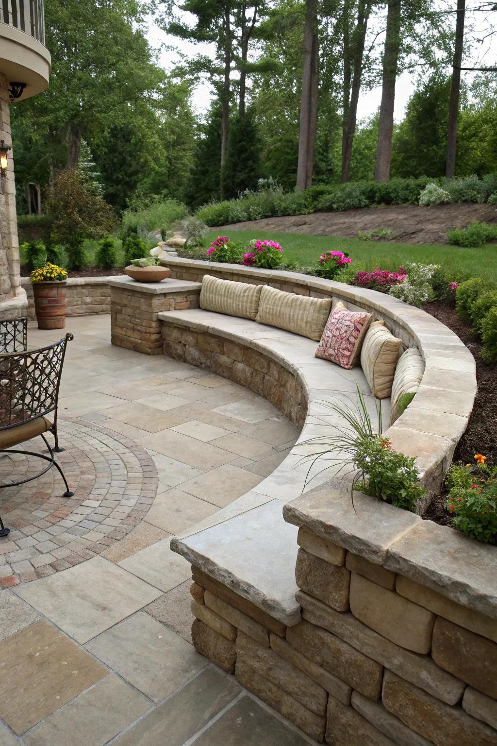 A patio showcasing elegant winding holding walls that deliver structure and seating.