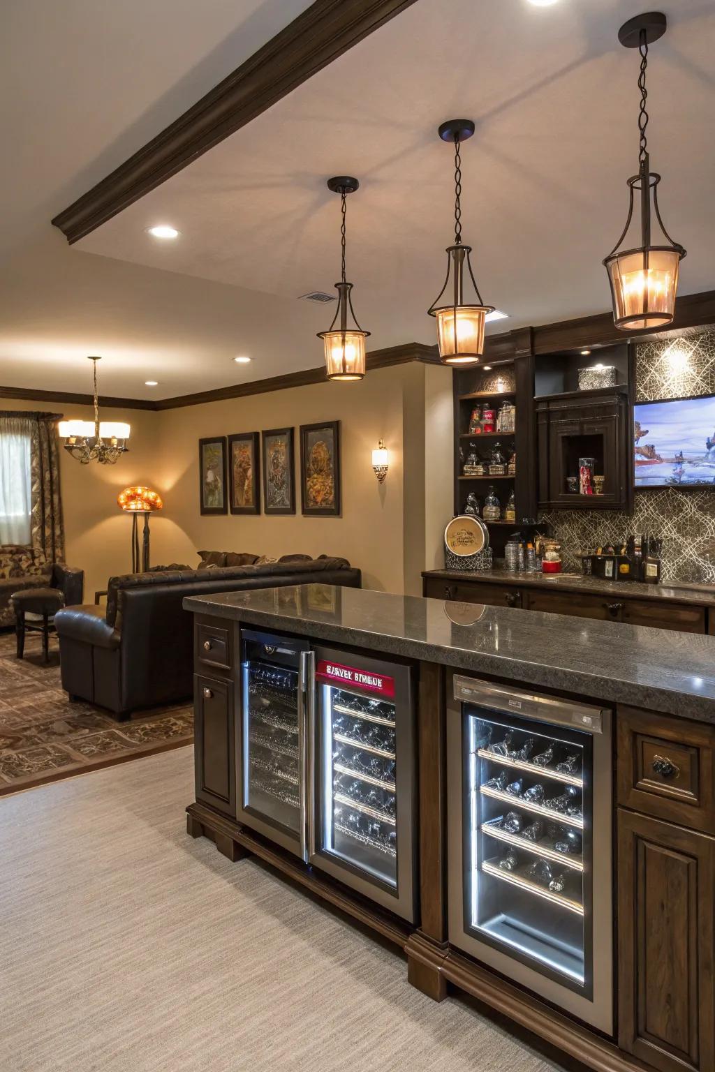 Unique custom features in a home bar create personalized charm.