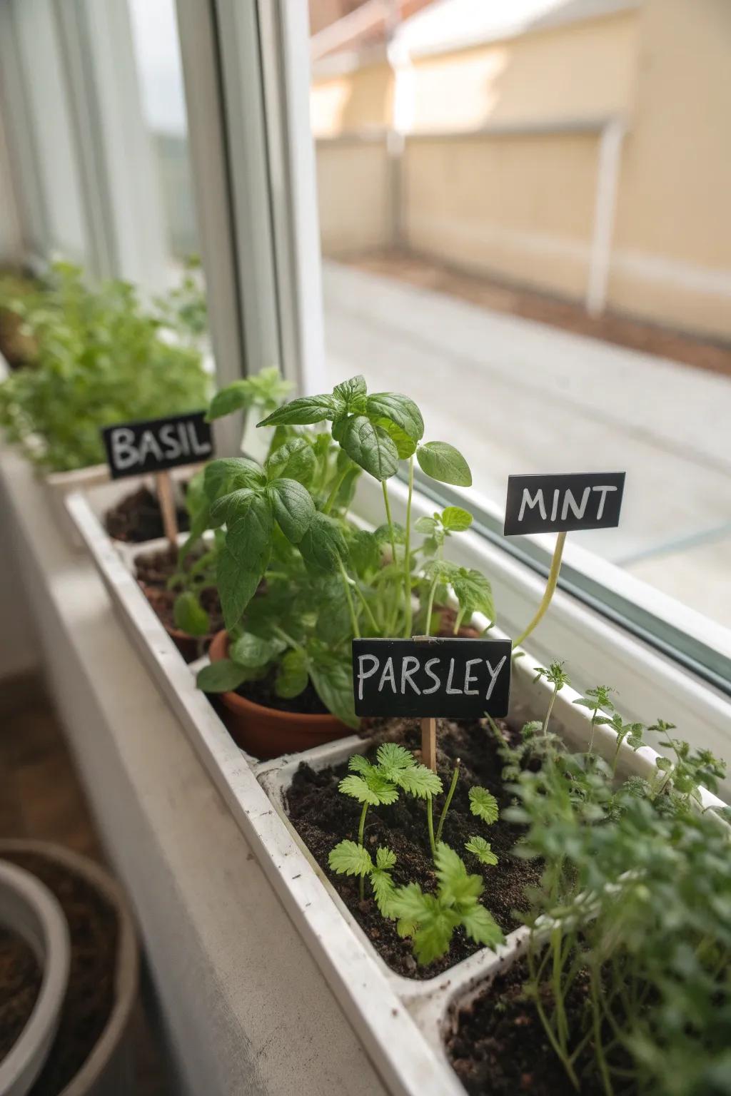 Elegant slate herb tags adding charm to a kitchen windowsill.