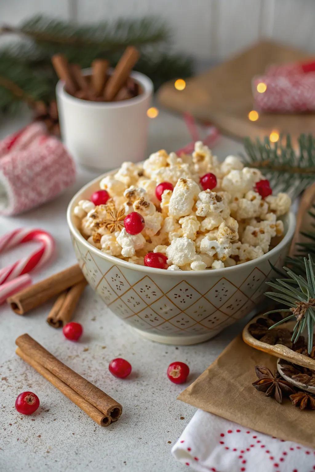 Piquant cinnamon confection popcorn, a festive snack for holiday reunions.