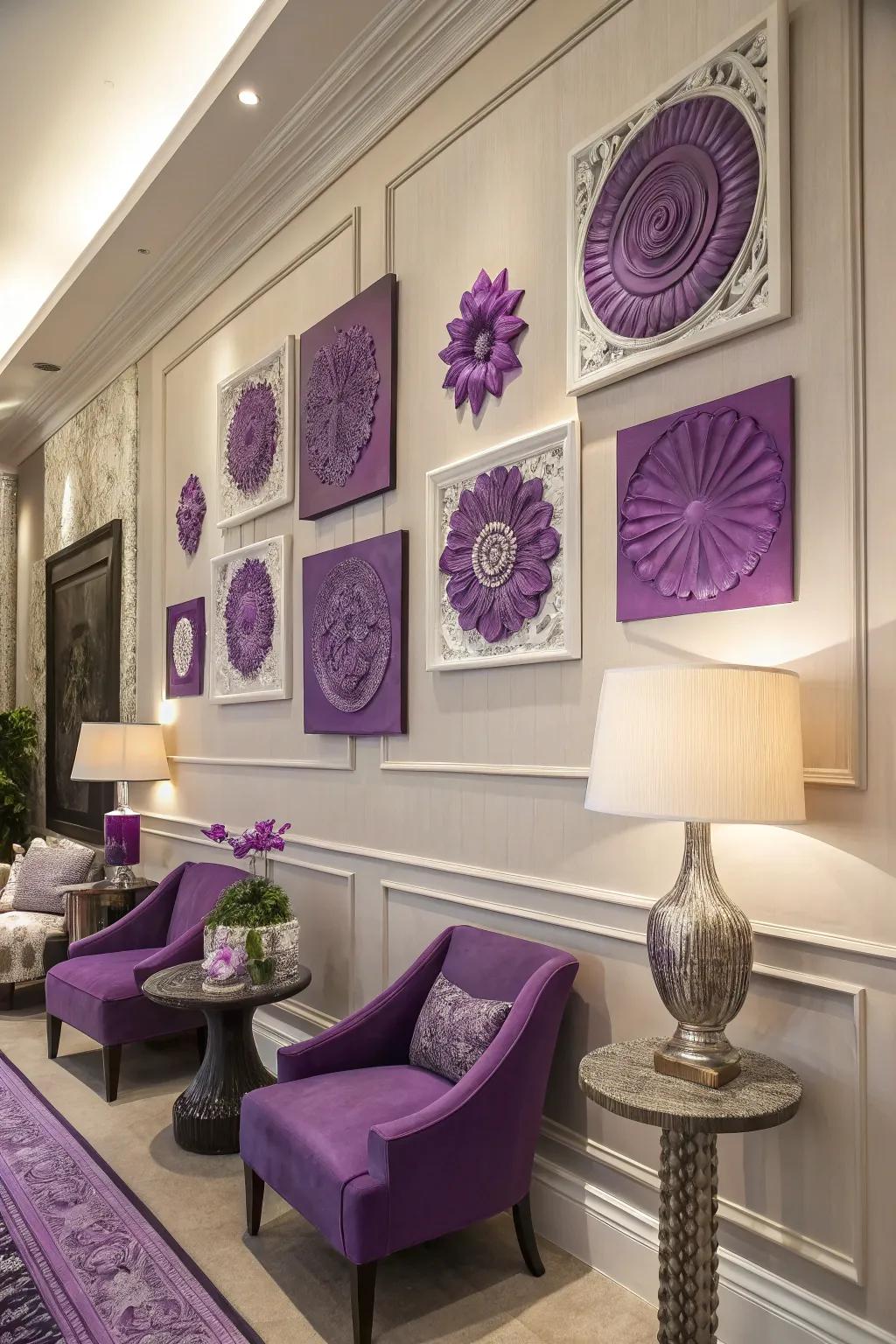 Amethyst art pieces adding personality to the walls.