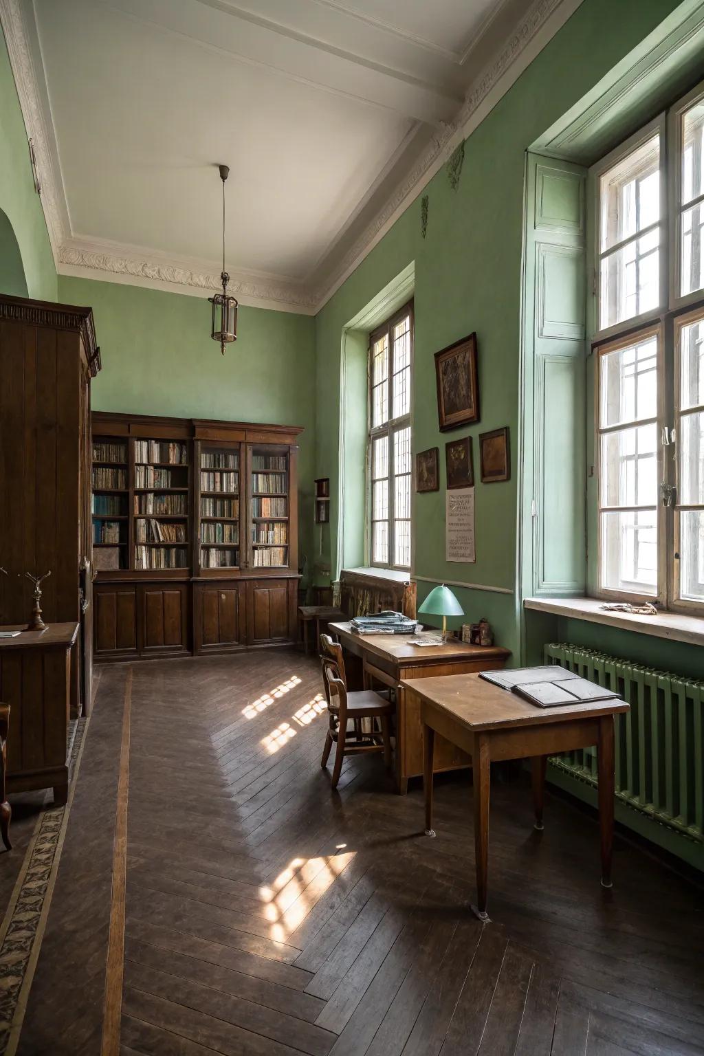Foggy green walls offer a refreshing contrast to dark floors.