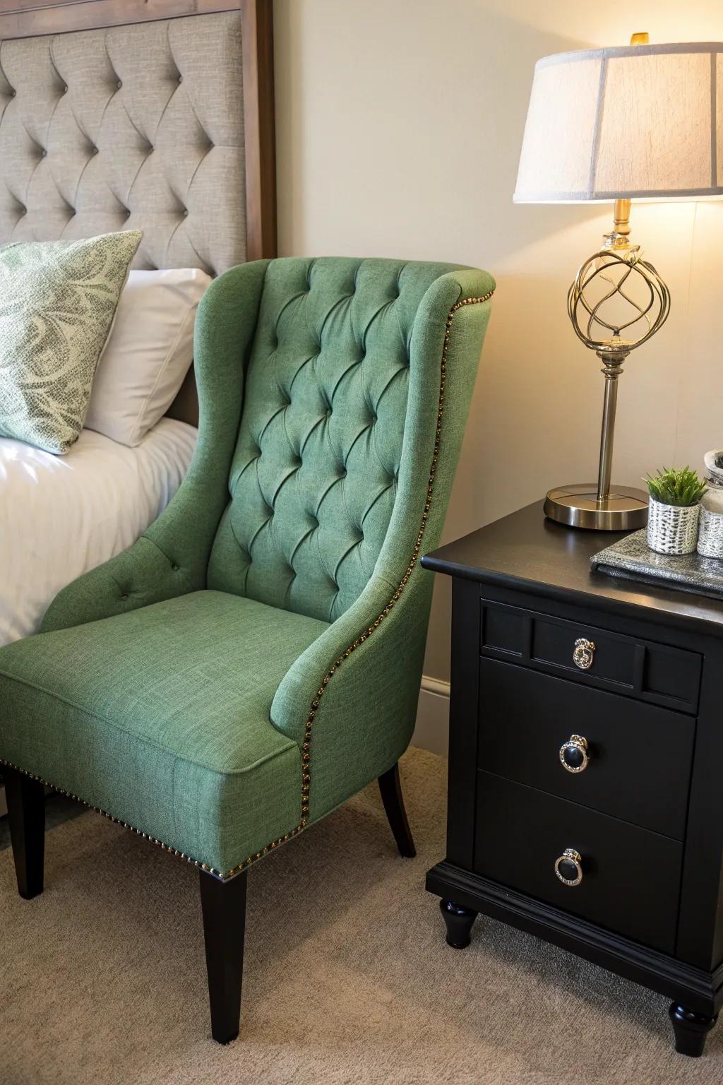 A green button-tufted chair adds a burst of shade.