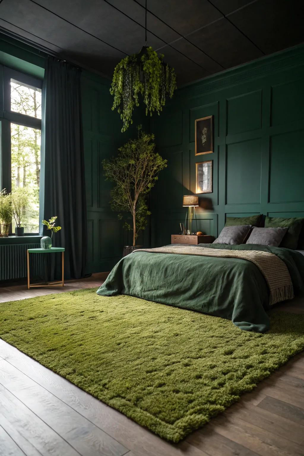 A shadowy jade bedroom featuring a cozy woodland green carpet.
