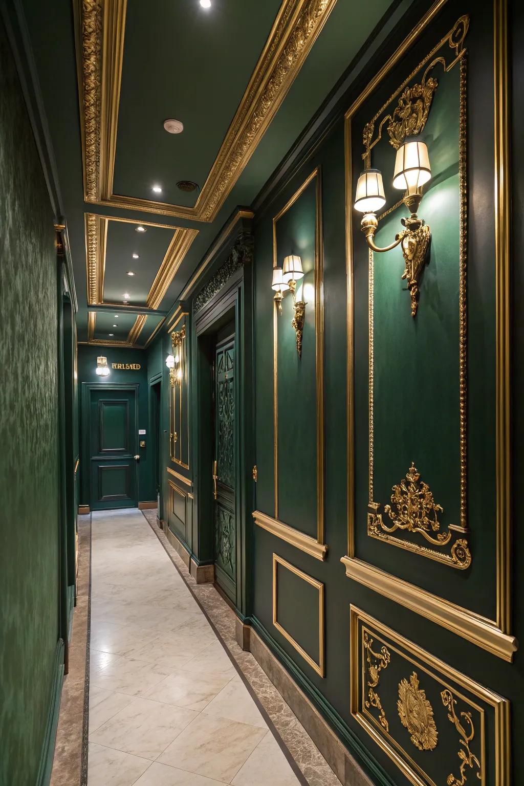 Golden accents enhance the sophistication of the verdant hallway.