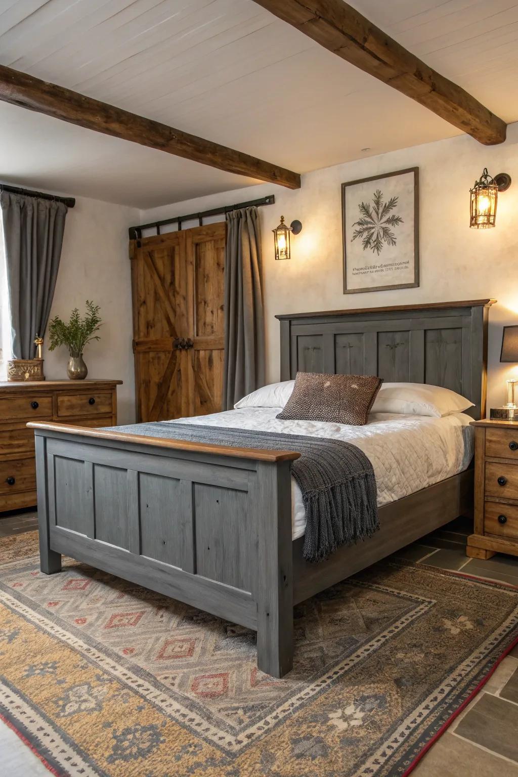 Rustic wooden components enhance the modern grey bedstead.