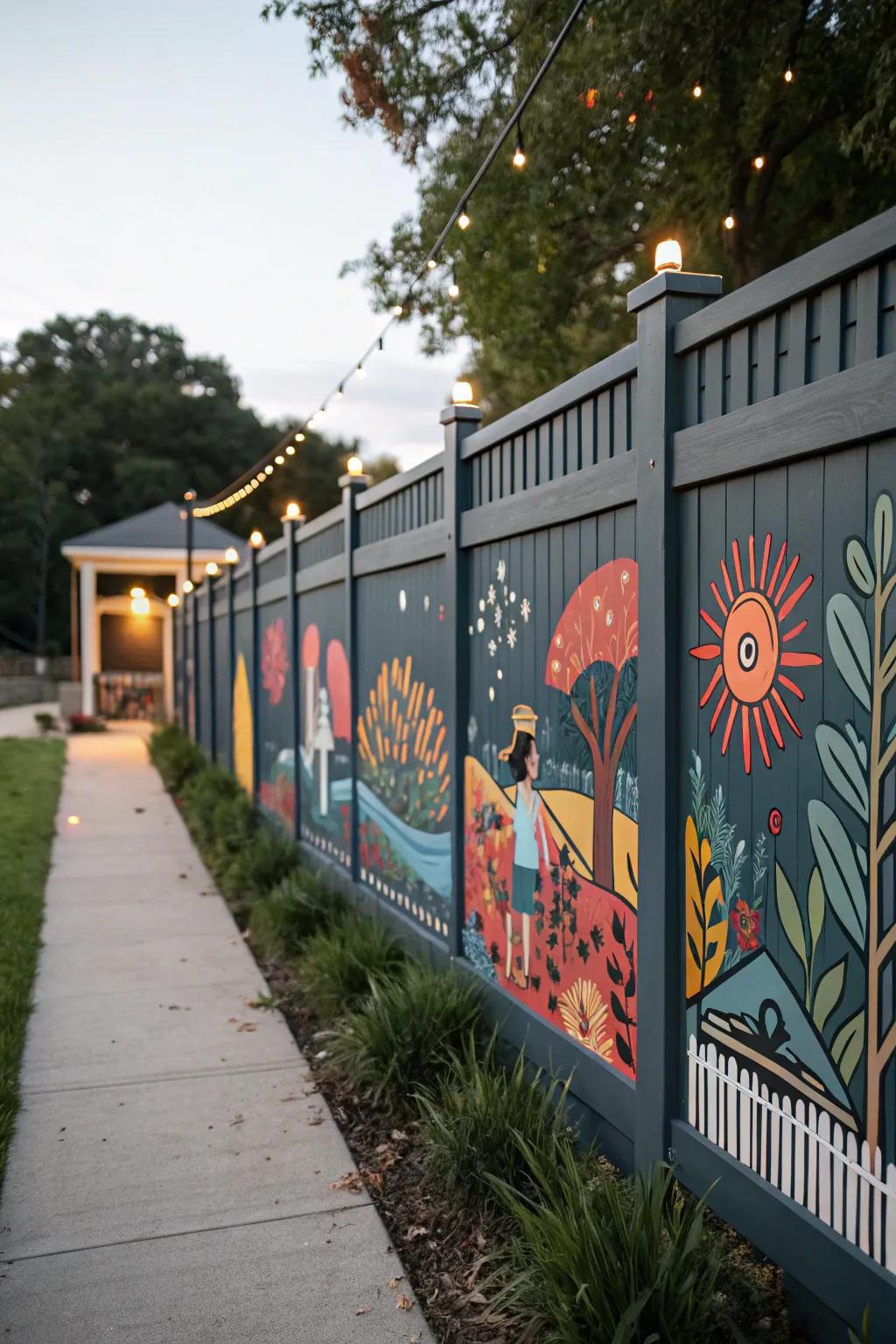 A deep charcoal fence serves as a striking canvas for a colorful mural.