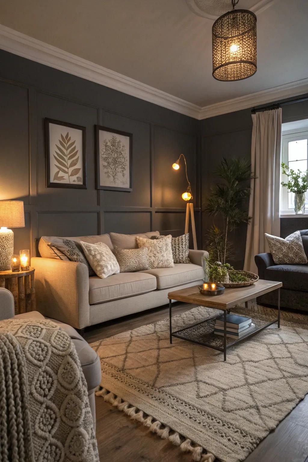 A comfortable and composed social space displaying deep charcoal details.