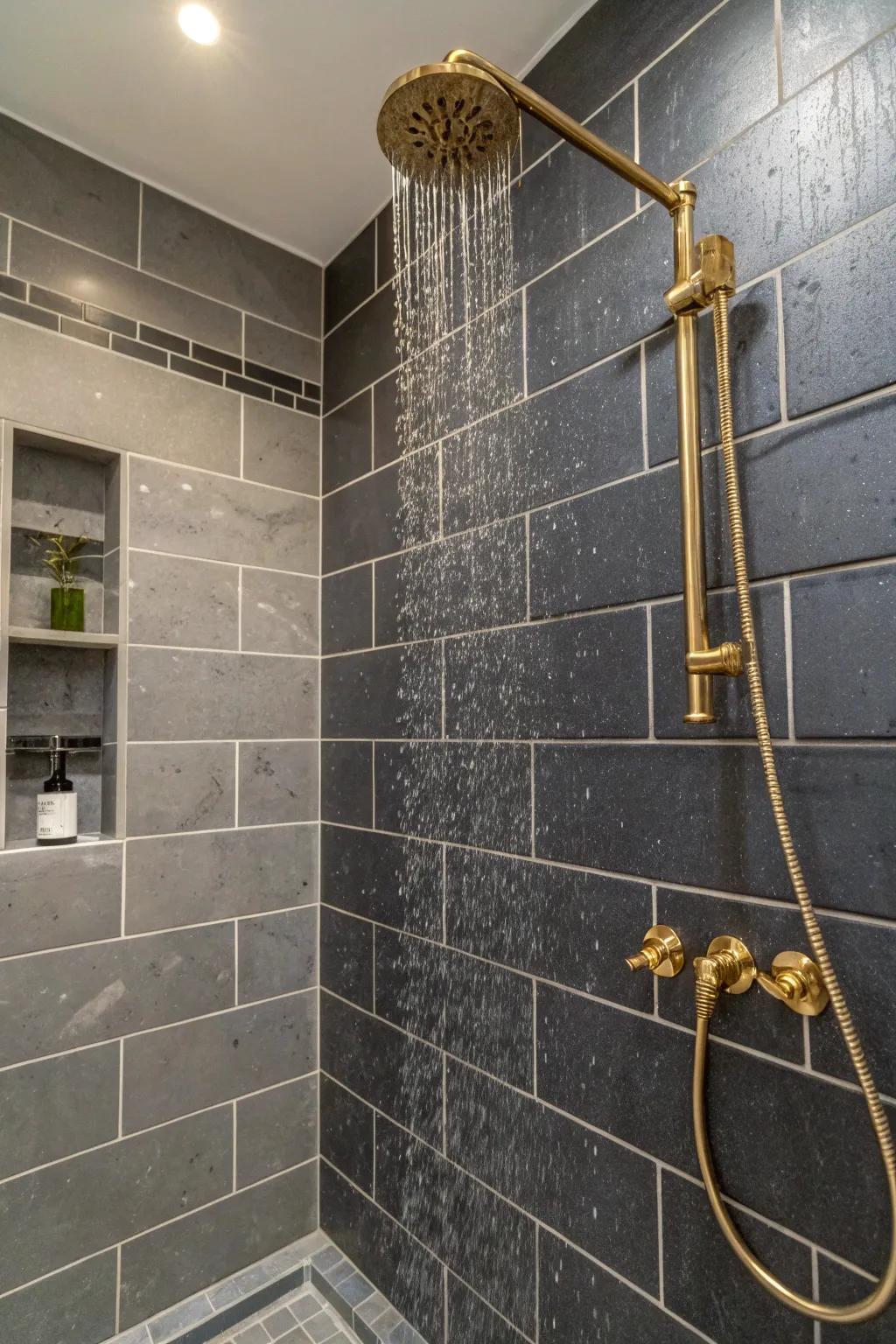 Metallic pieces complement the modern aesthetic of deep charcoal panes.