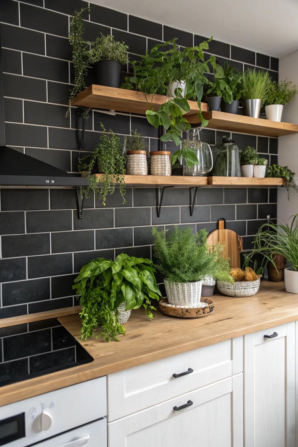 A kitchen design where natural elements like plants enhance a dark backsplash.