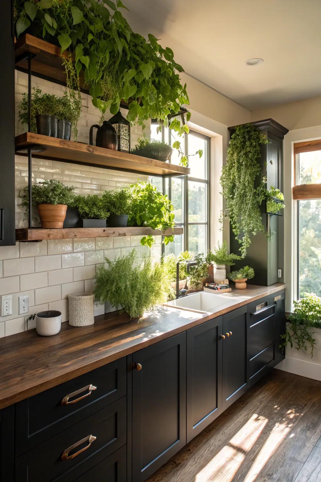 Green flora adds a revitalizing splash of hue to the deep-toned cooking area.