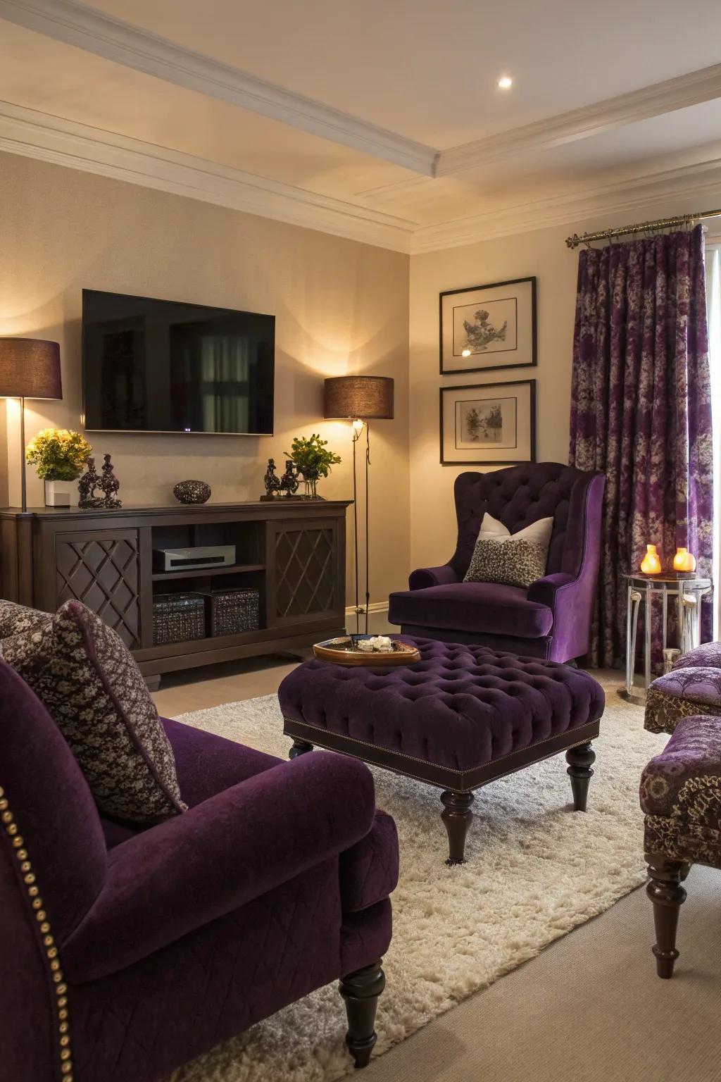Deep violet decor injects playfulness and sophistication into this elegant living room.