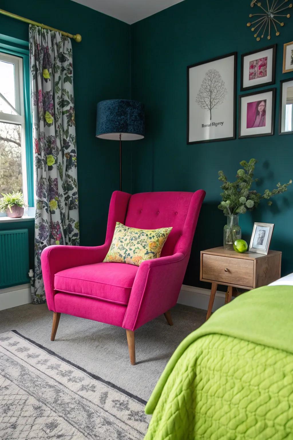 Unexpected hues impart a playful twist to dark teal.