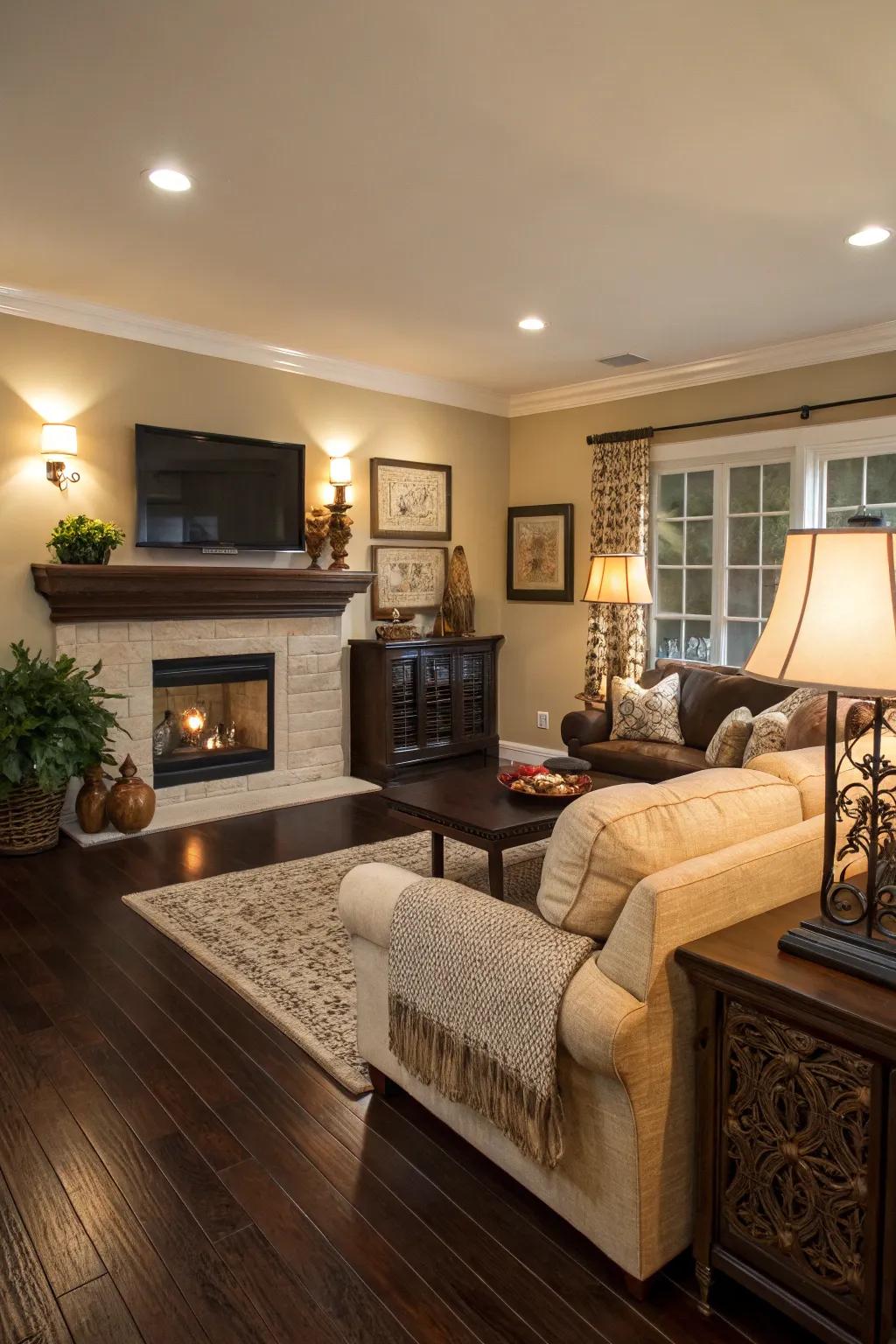 Soft muted tones design an inviting atmosphere with dark wood floors.