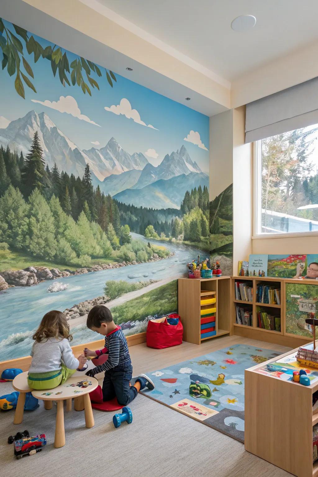 An adventurous daycare room with outdoor-themed wallpaper.