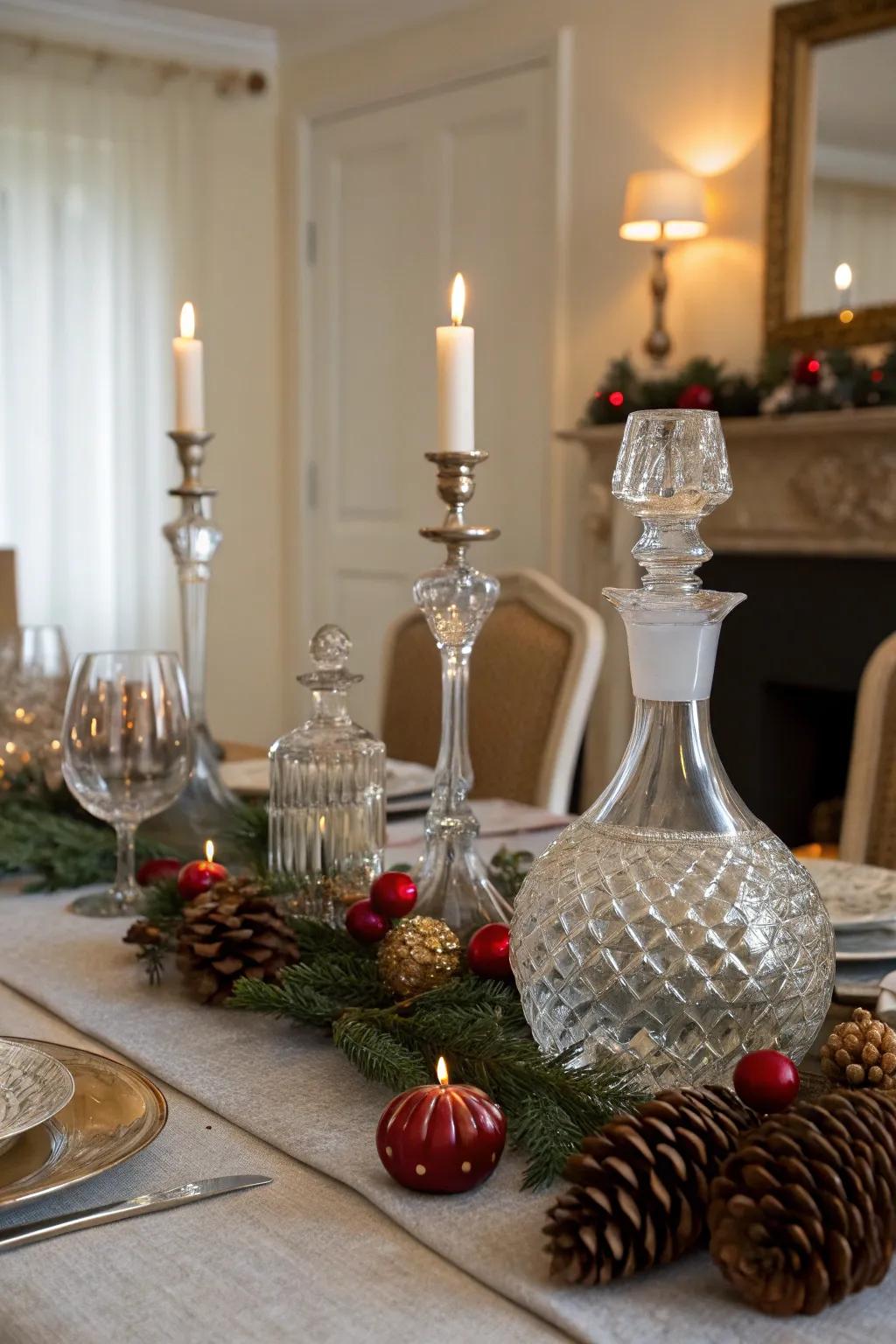 A festive table centerpiece featuring glass vessels alongside seasonal ornaments.