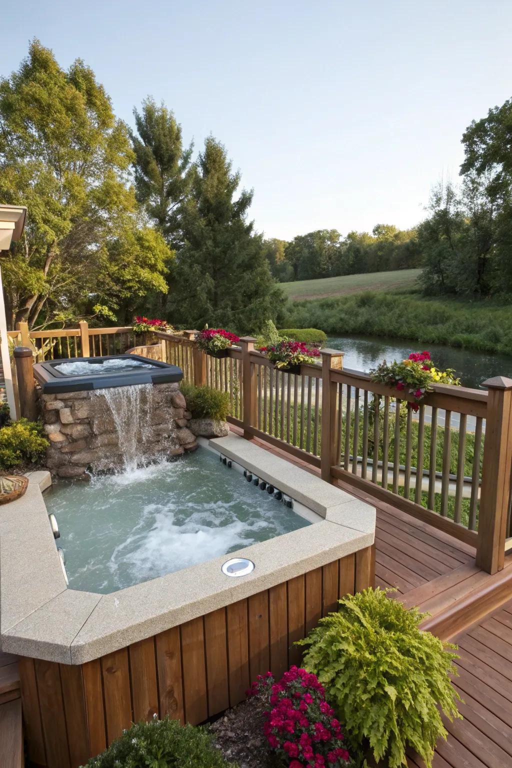 The calming sound of a waterfall intensifies relaxation near the hot tub.