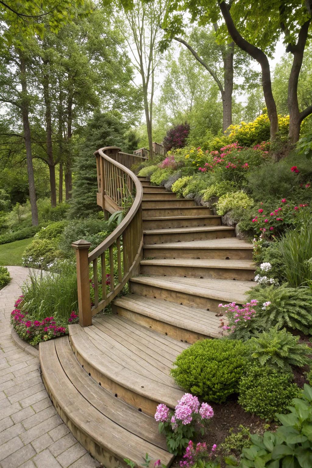 Bring elegance with beautifully curved deck stairs.