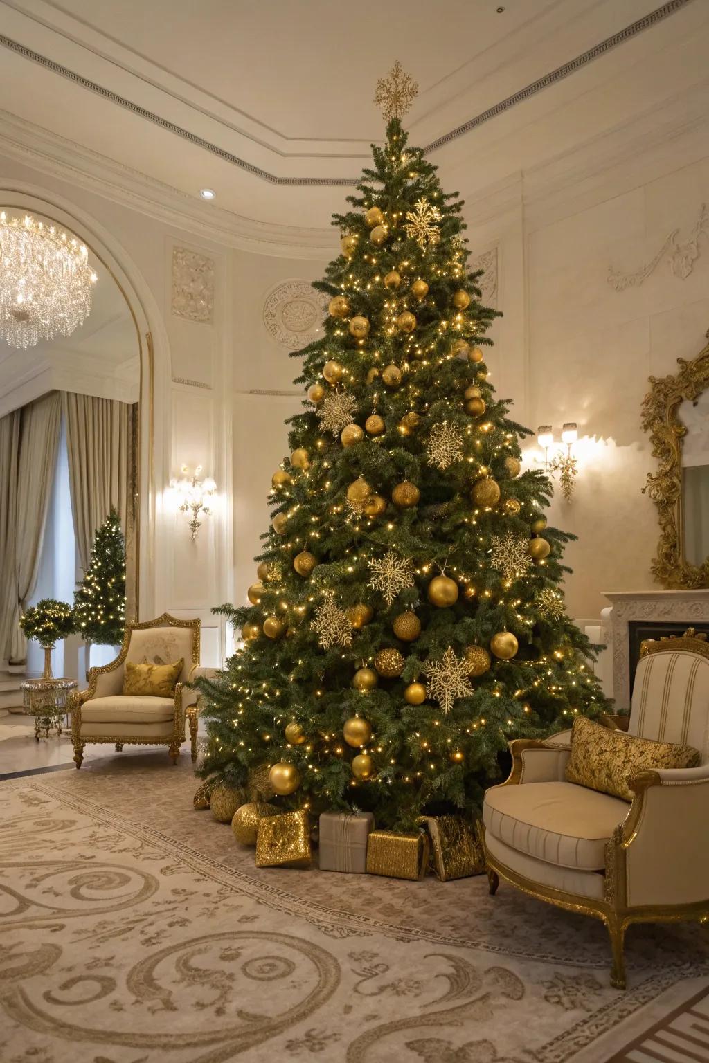 A flashy golden-themed Christmas tree sporting shimmering lights and decorations.