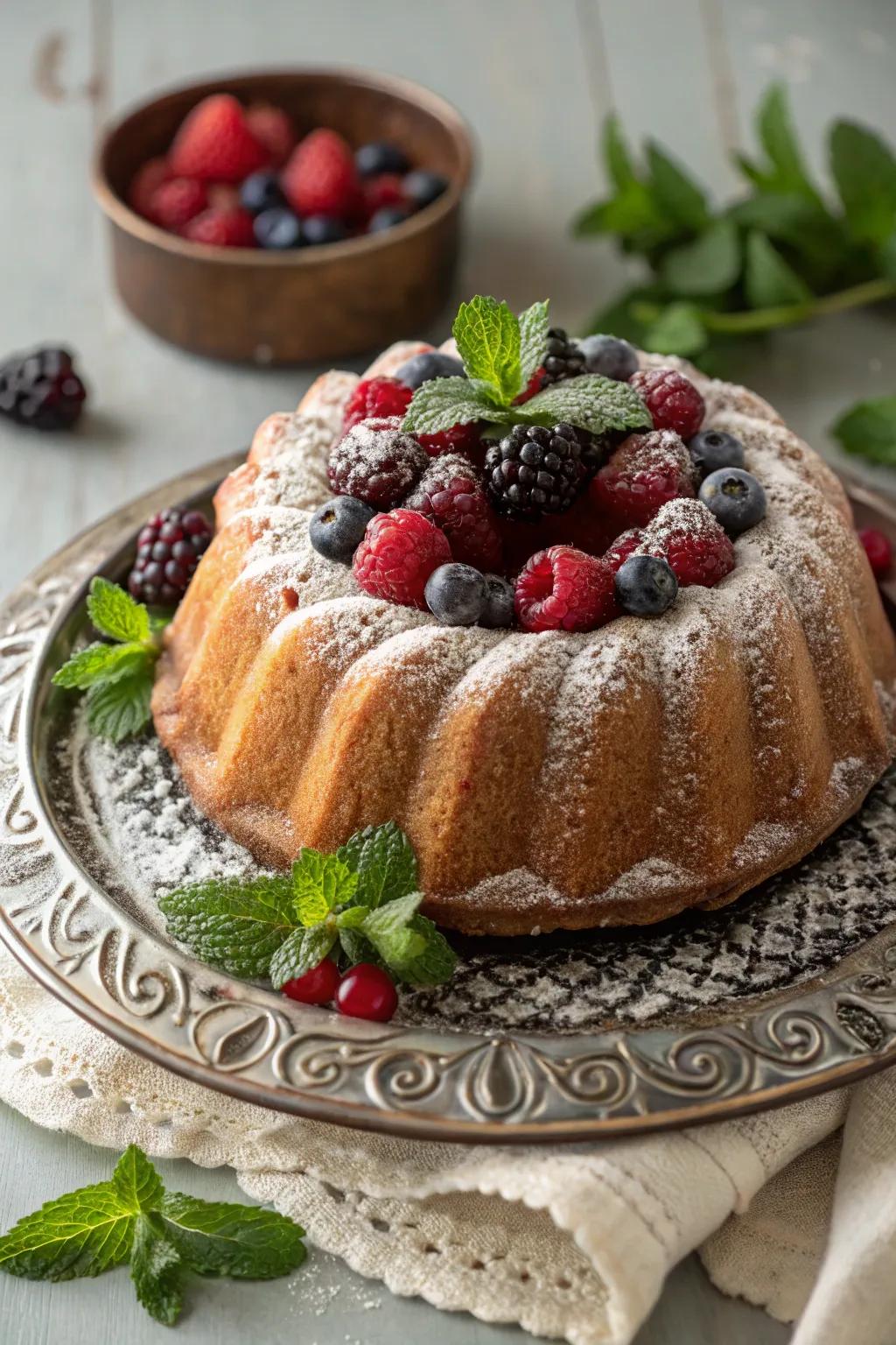 A bundt cake featuring a vibrant fruit-filled core.
