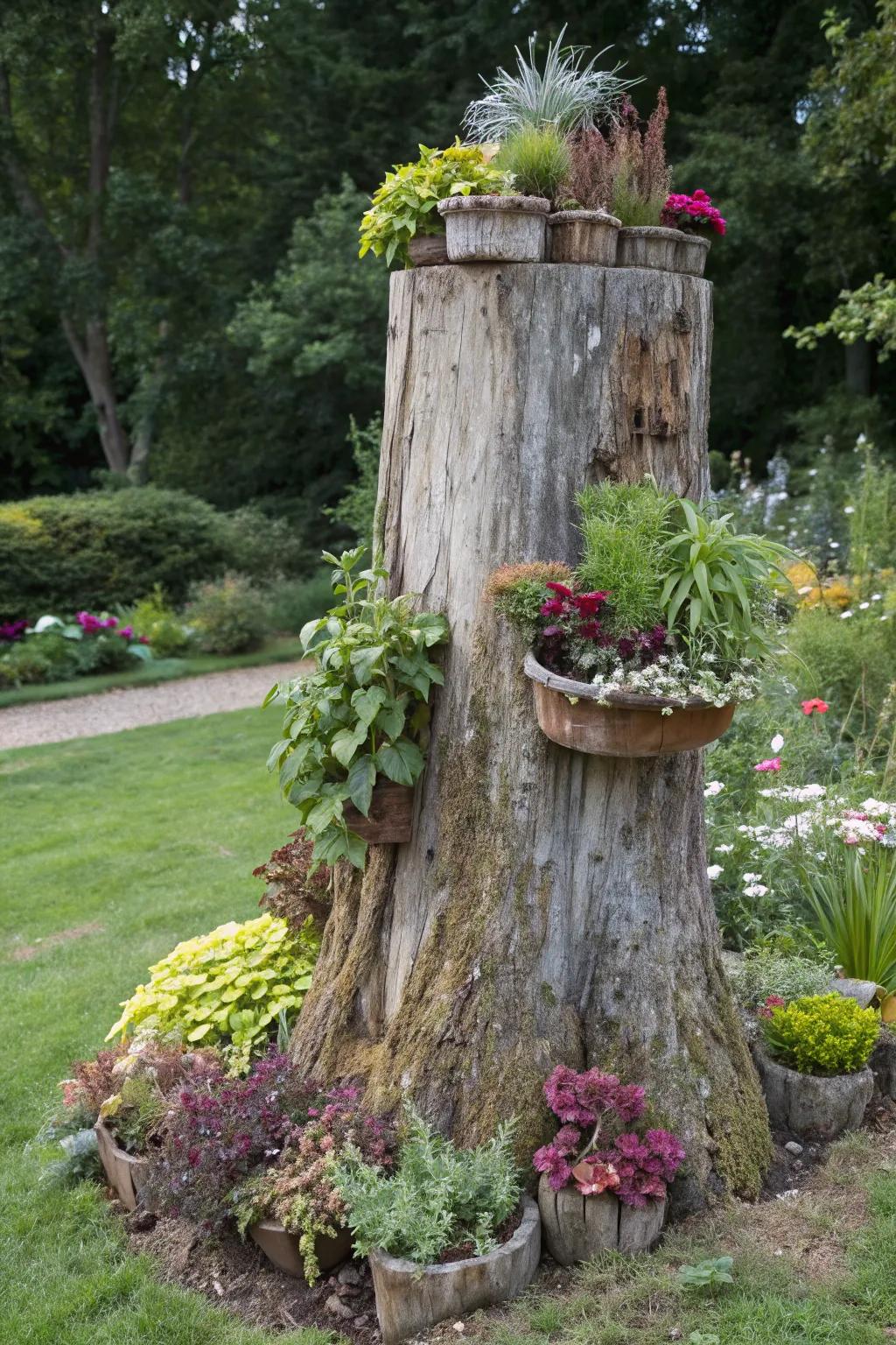 Incorporate dimension with container plants atop a tree stump.