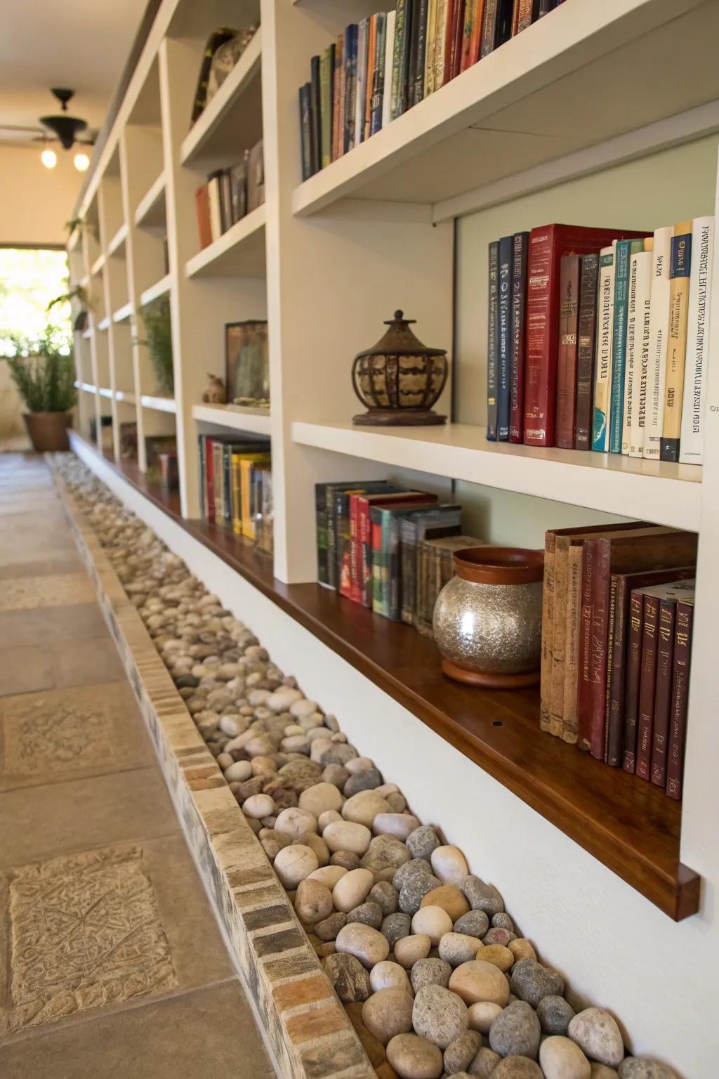 Add a natural touch to your book storage with a row of stones.