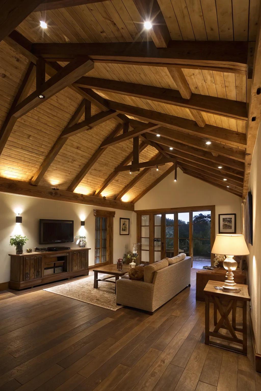 Integrated lighting in beams enhances both style and functionality.