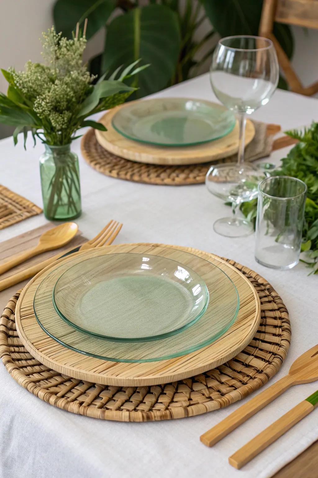 Eco-friendly serving plates fashioned from bamboo and upcycled glass.