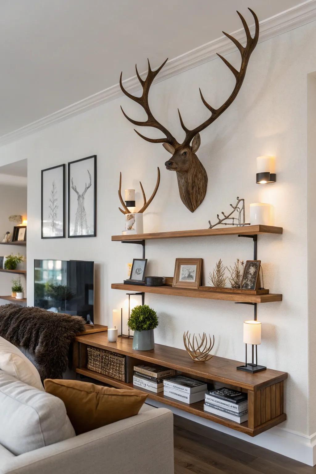 A floating shelf artfully displays deer antlers and decorative items in a modern living area.
