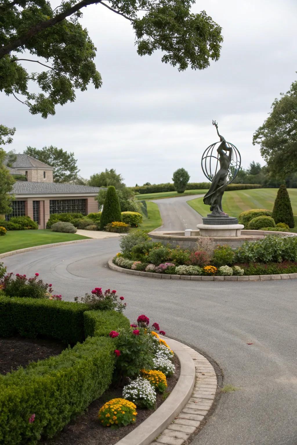 A striking sculpture assumes center stage, imbuing a personal element to this refined driveway.