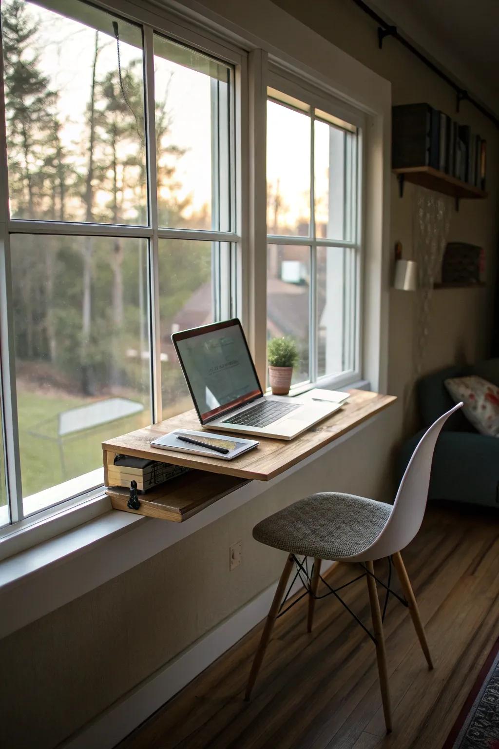A mounted desk maximizes space in a small area.
