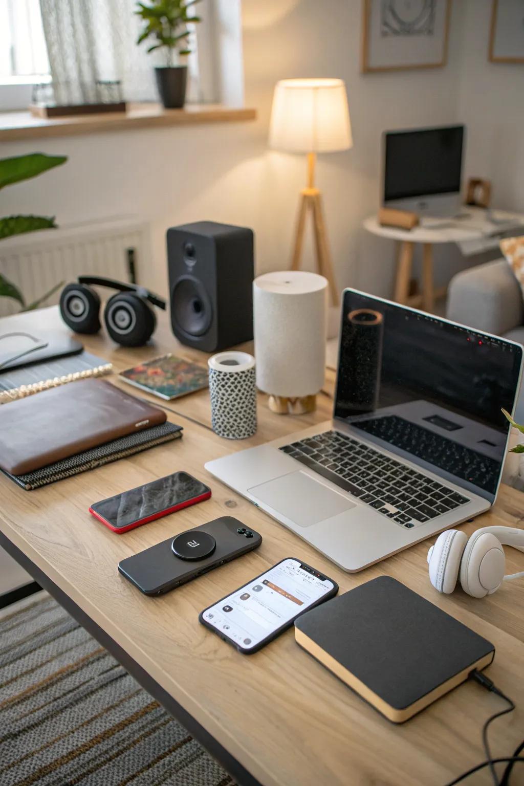 Tech gadgets enhance functionality and style.