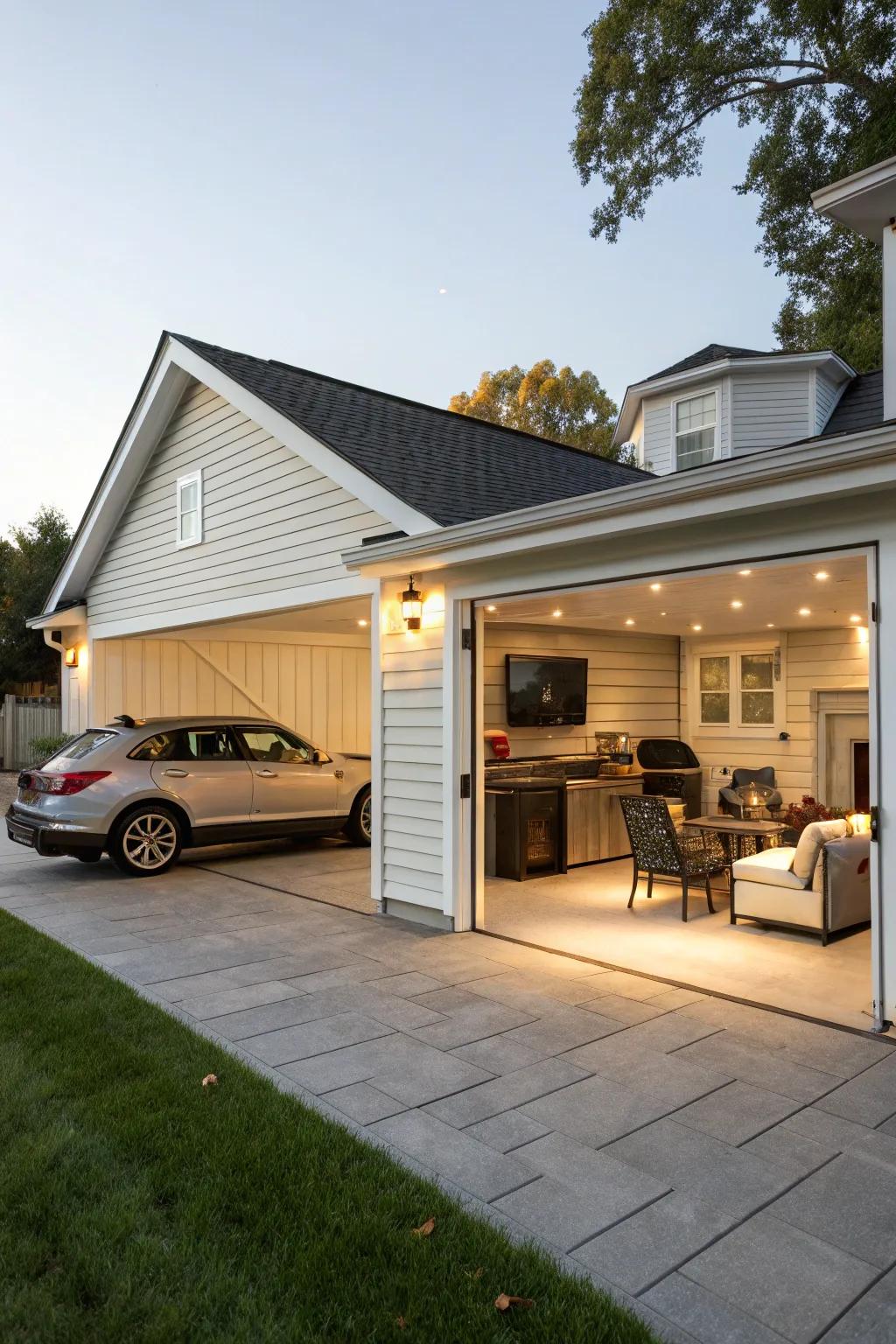 A garage that also acts as an entertainment getaway.