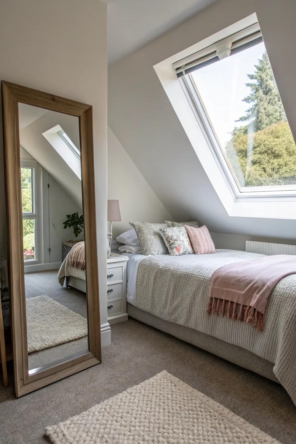 Reflection pieces enhance the light and space surrounding the diagonal bed.